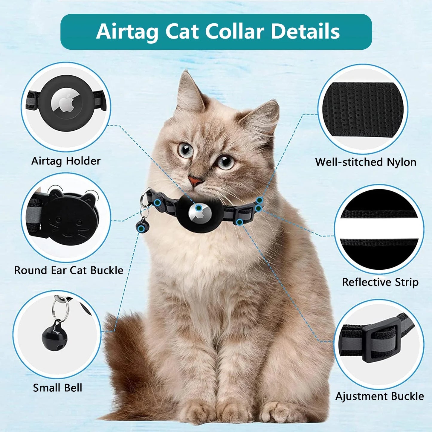 Breakaway Airtag Cat Collar - 2 Pack Reflective Kitten Strap with Airtag Case and Bell for Cats, Kittens, and Extra Small Dogs, Black