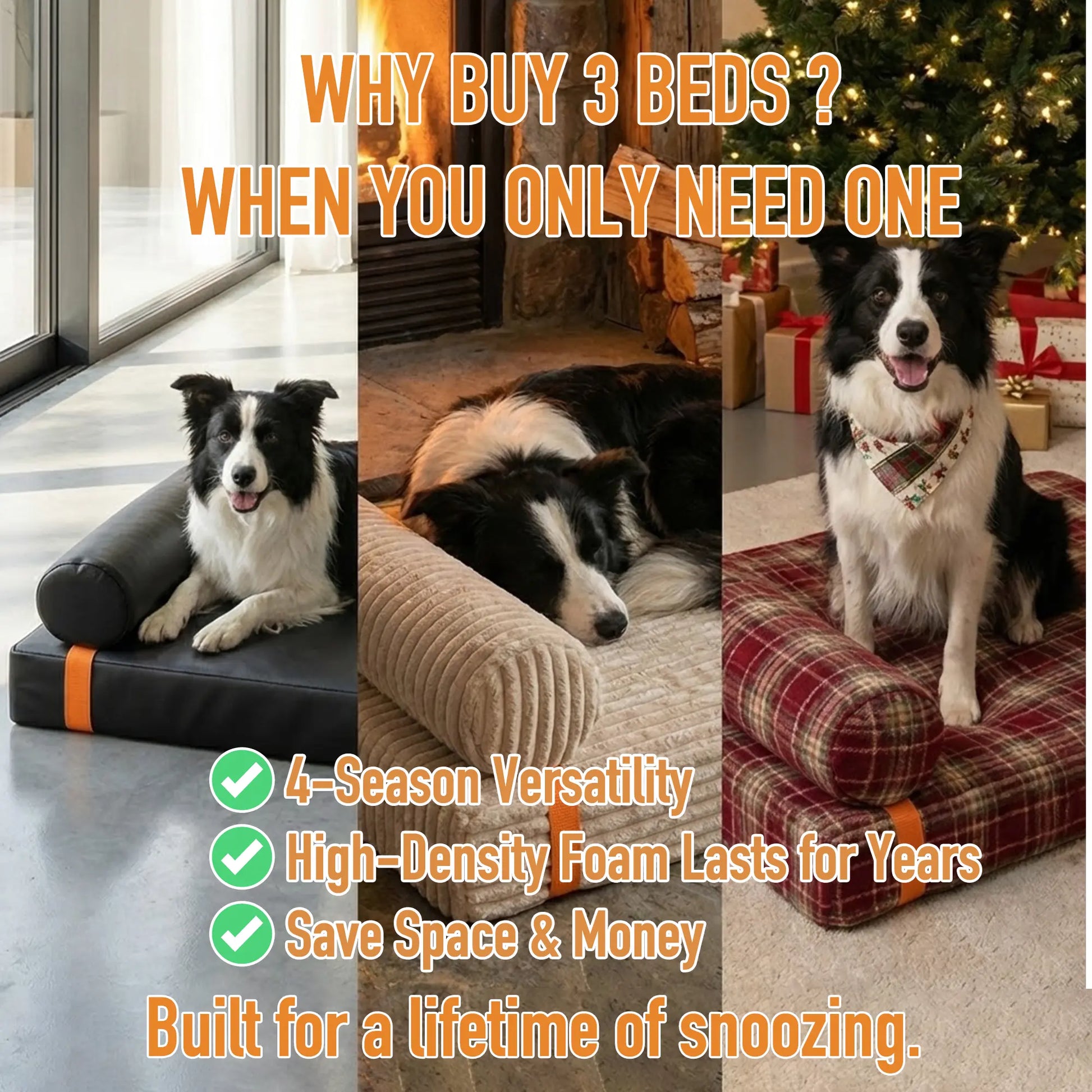 Orthopedic 3-In-1 Dog Bed Bundle with Waterproof Leather, Corduroy, and Holiday Plaid Covers | Thick Memory Foam Support (36" x 24")