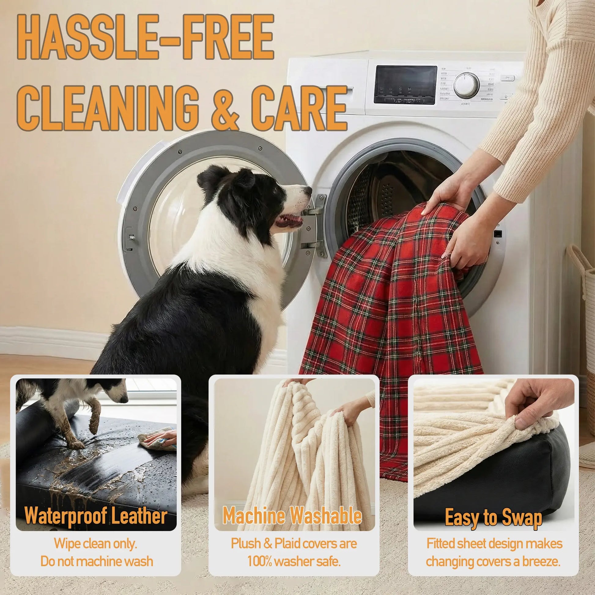 Orthopedic 3-In-1 Dog Bed Bundle with Waterproof Leather, Corduroy, and Holiday Plaid Covers | Thick Memory Foam Support (36" x 24")