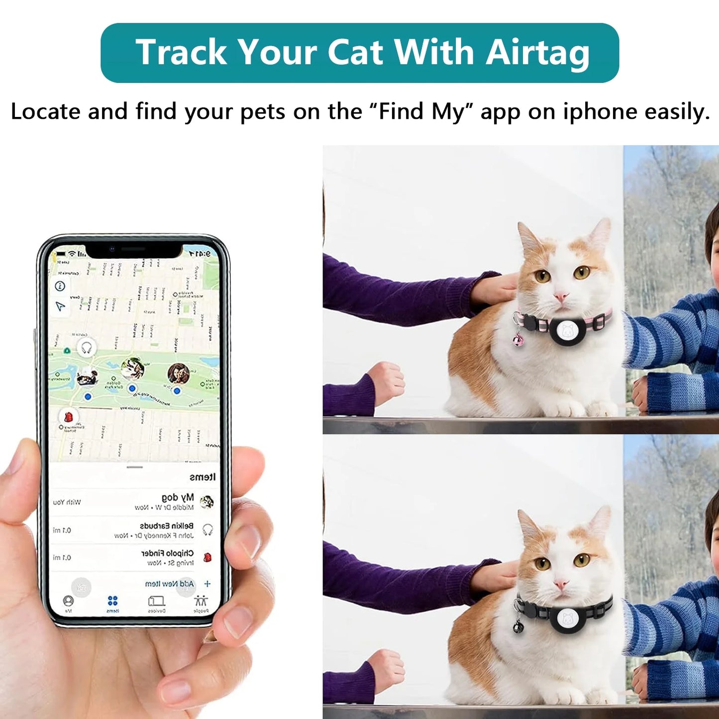Breakaway Airtag Cat Collar - 2 Pack Reflective Kitten Strap with Airtag Case and Bell for Cats, Kittens, and Extra Small Dogs, Black
