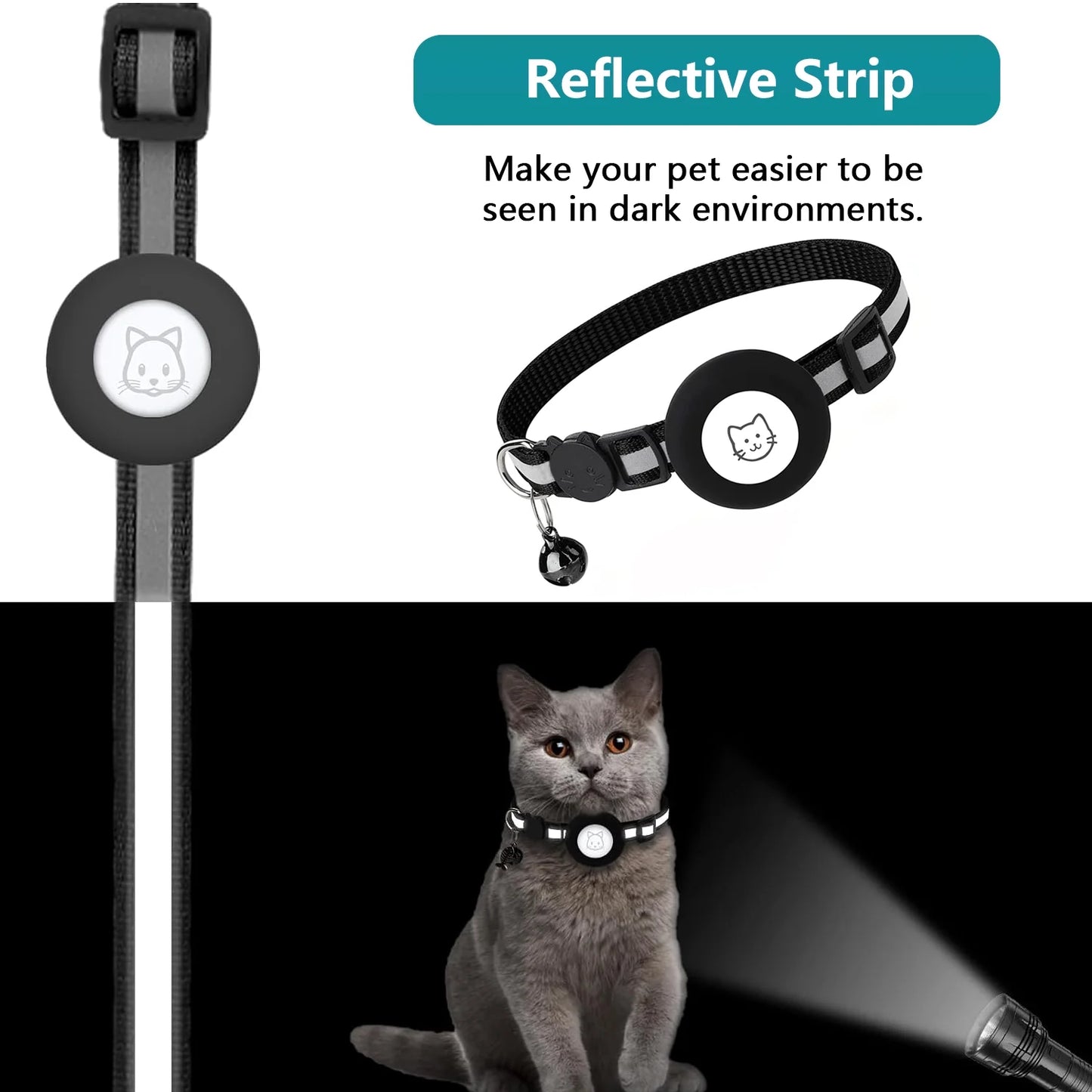 Breakaway Airtag Cat Collar - 2 Pack Reflective Kitten Strap with Airtag Case and Bell for Cats, Kittens, and Extra Small Dogs, Black