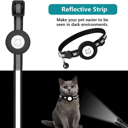 Breakaway Airtag Cat Collar - 2 Pack Reflective Kitten Strap with Airtag Case and Bell for Cats, Kittens, and Extra Small Dogs, Black