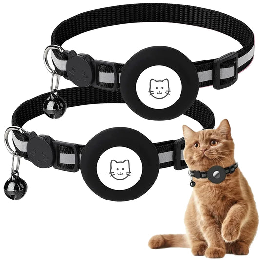 Breakaway Airtag Cat Collar - 2 Pack Reflective Kitten Strap with Airtag Case and Bell for Cats, Kittens, and Extra Small Dogs, Black